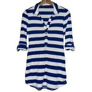 Ella Moss Size XS Blue White Striped Roll Tab Sleeve Collared Henley Tunic Top